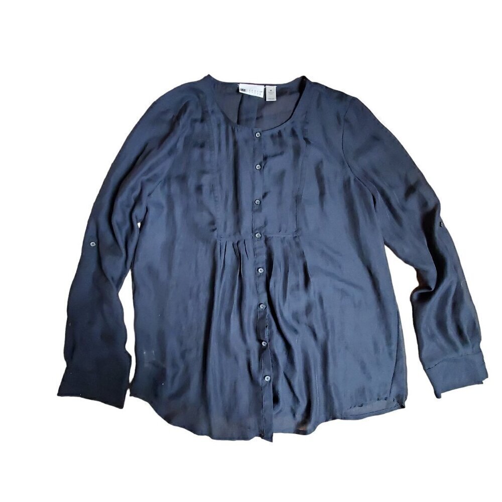 Carole Little Button Front Sheer Tunic Blouse Top Long Sleeve Dressy M‎ Black